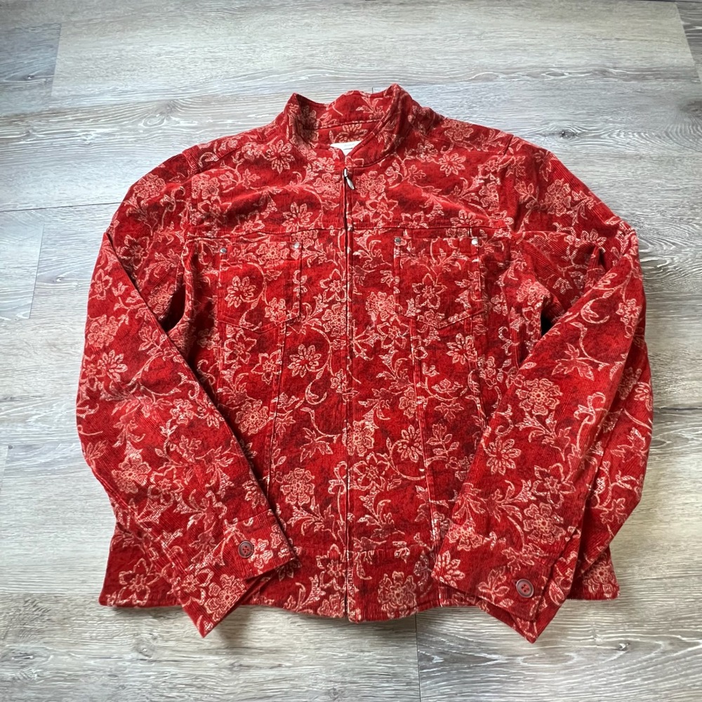 Christopher Banks Jacket Womens‎ Small Red Floral Corduroy Full Zip Mock Neck